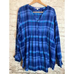 Woman Within Top Womens 26/28 Cobalt Plaid Button Front Pleated Flowy Cotton